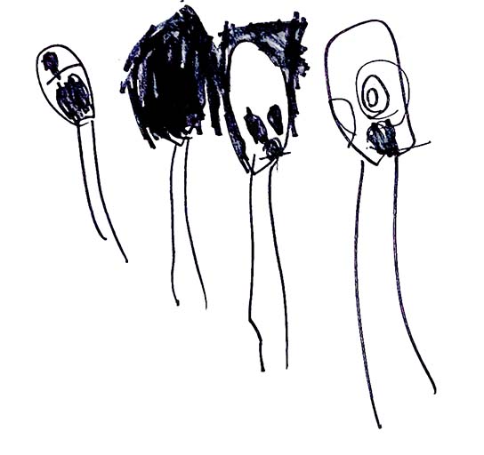stick figure drawing of our family. Drawn by Imogen at age 2 or 3