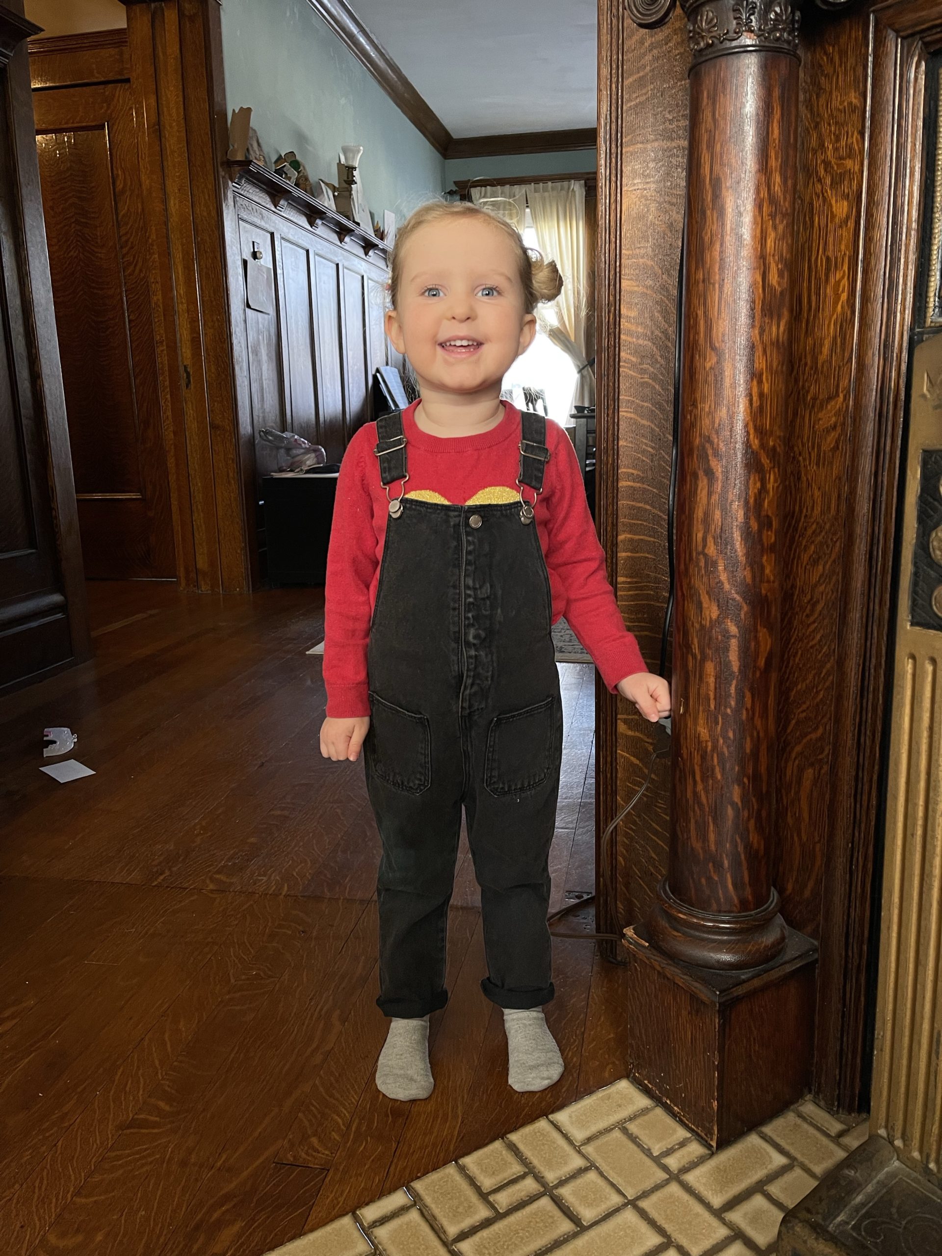3 photos of Margo in her new overalls